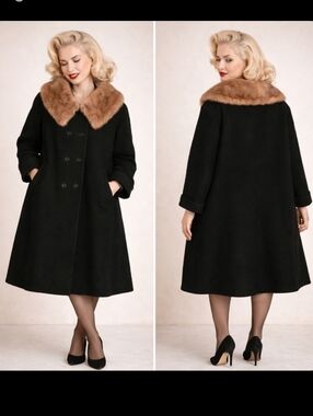 Vintage 1950s Black Wool Coat Mink Fur Collar Old Hollywood Glam
